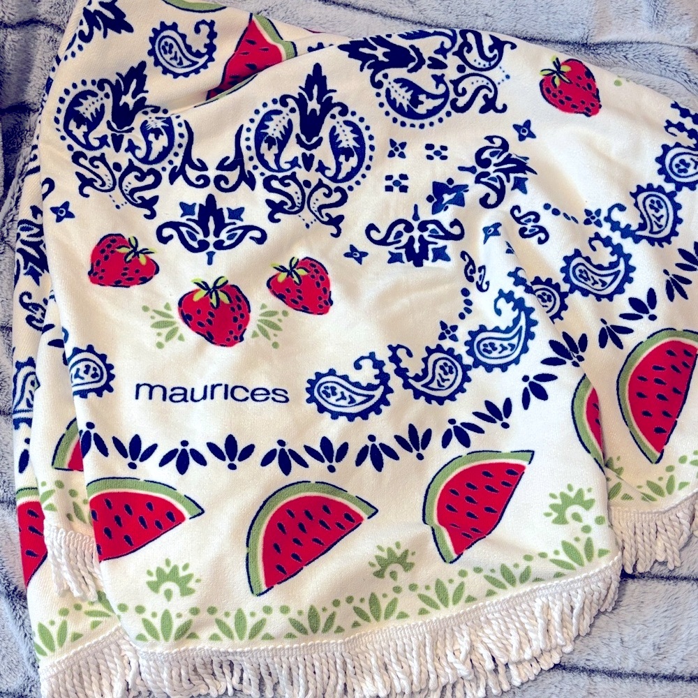 Maurices Cream beach towel/ throw with Fruit and paisley  Patterns and fringe
